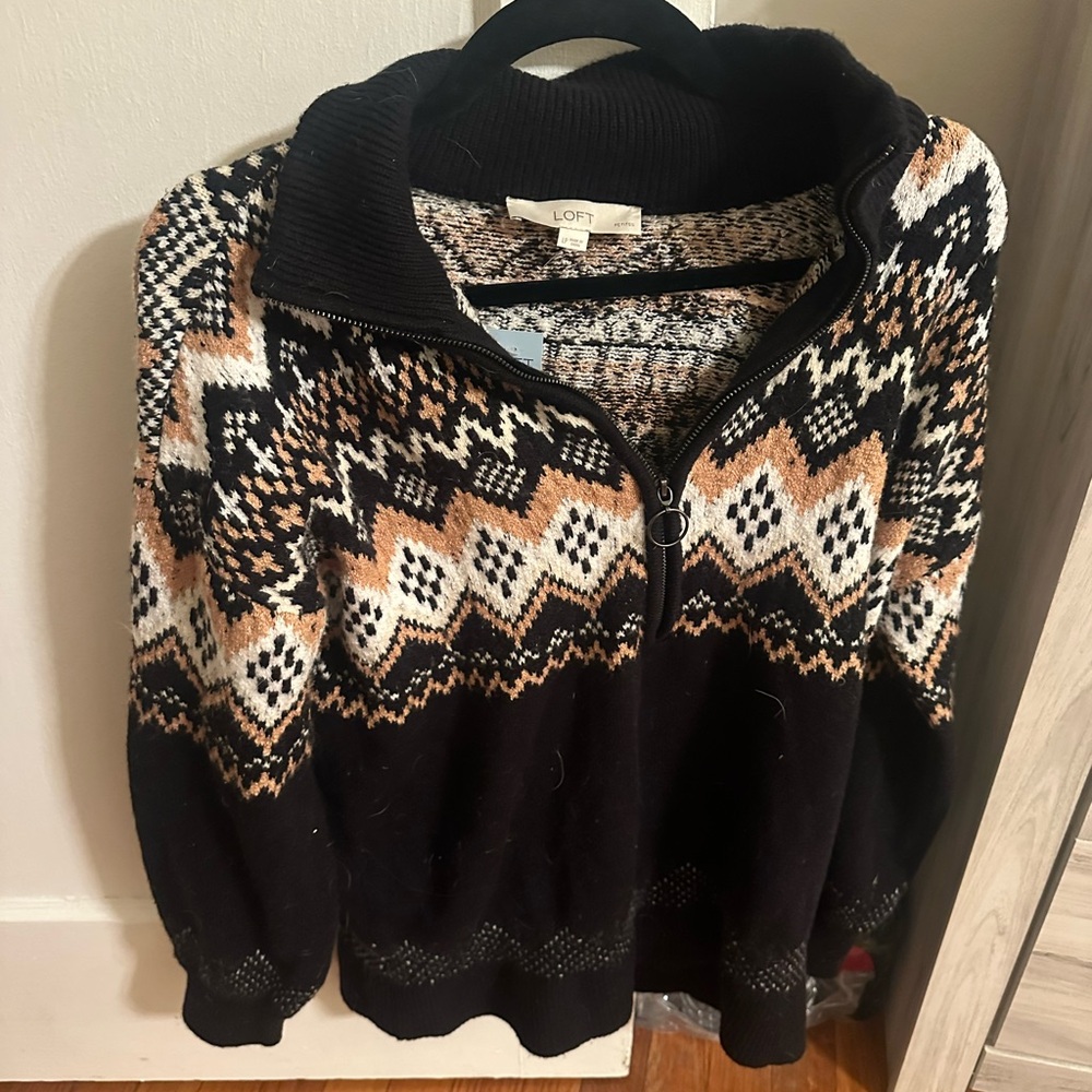 LOFT Black, White & Tan Patterned Zip Sweater petite large